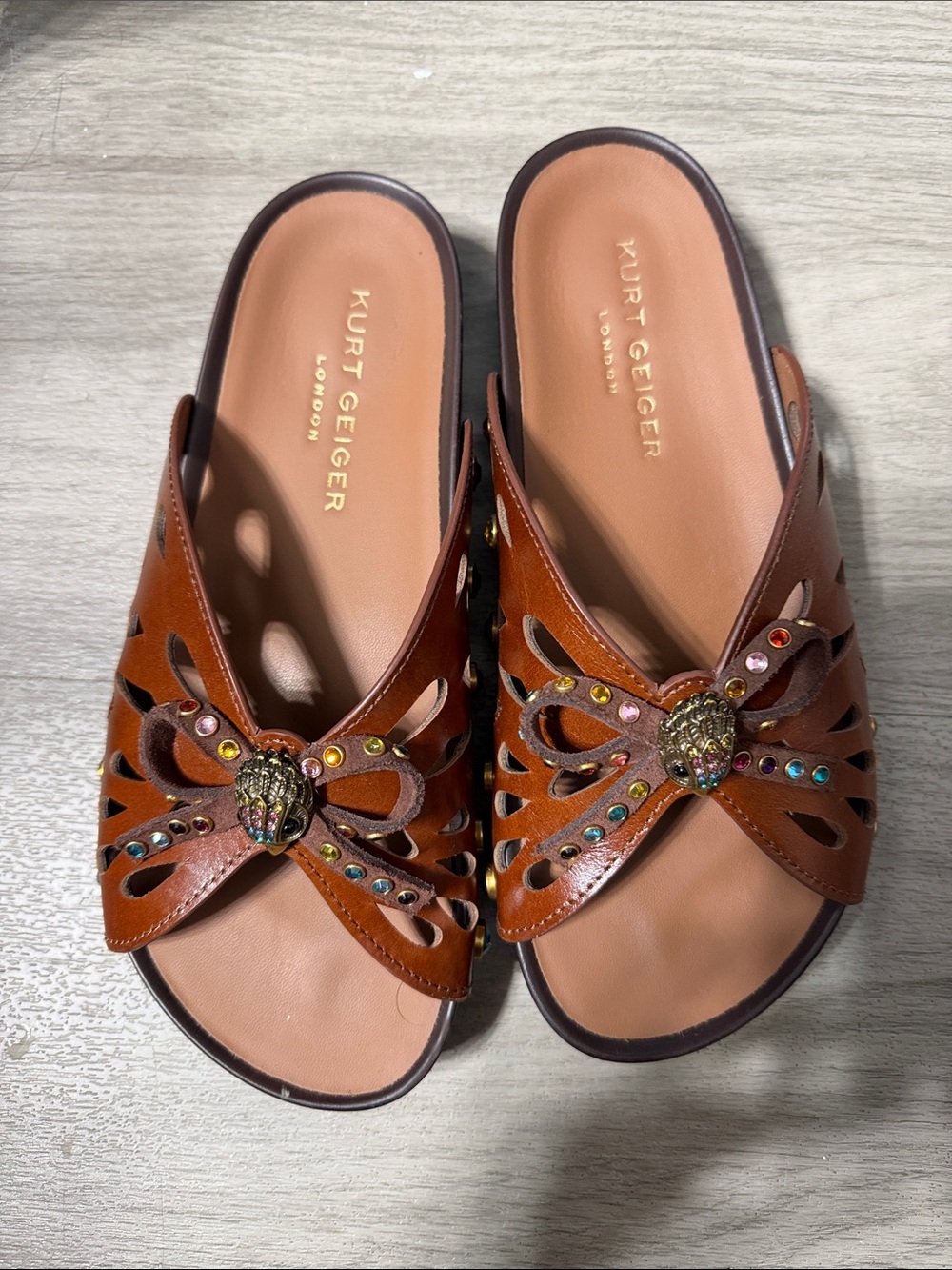 Kurt Geiger Butterfly Brown Leather Cutout Jewel-Embellished Slide Mules